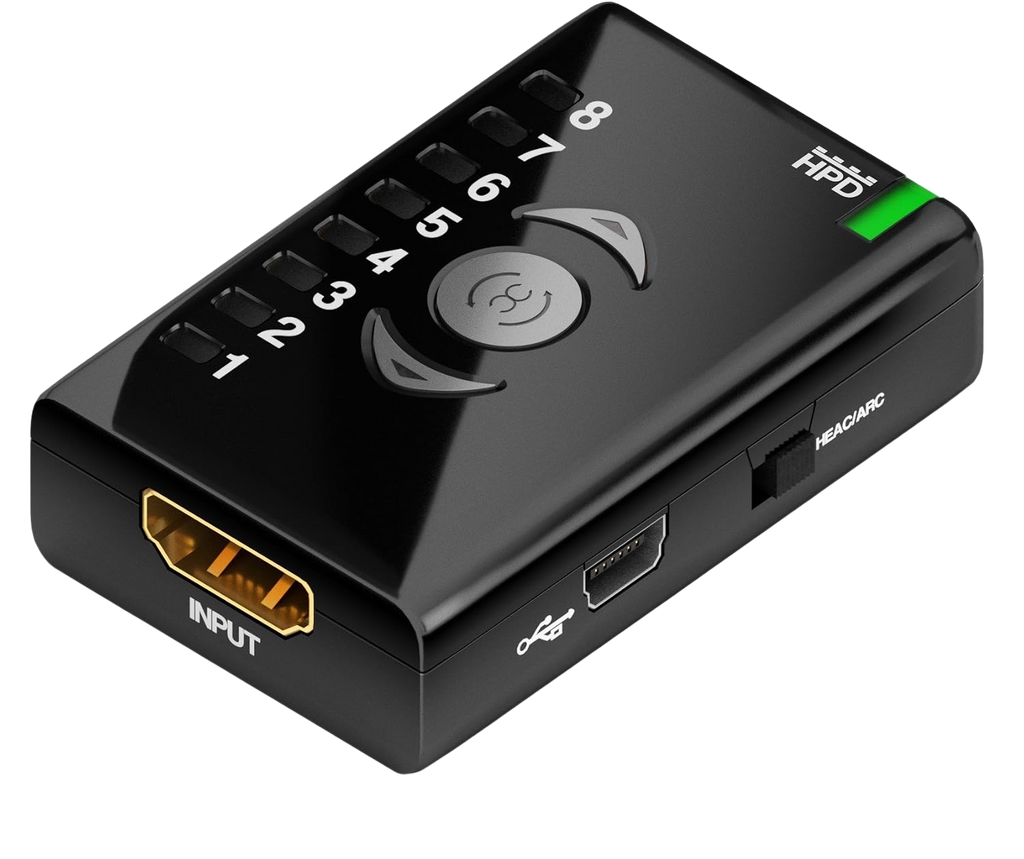 Partea de intrare a Dr HDMI cu intrare HDMI, port Mini-USB și comutator HEAC/ARC