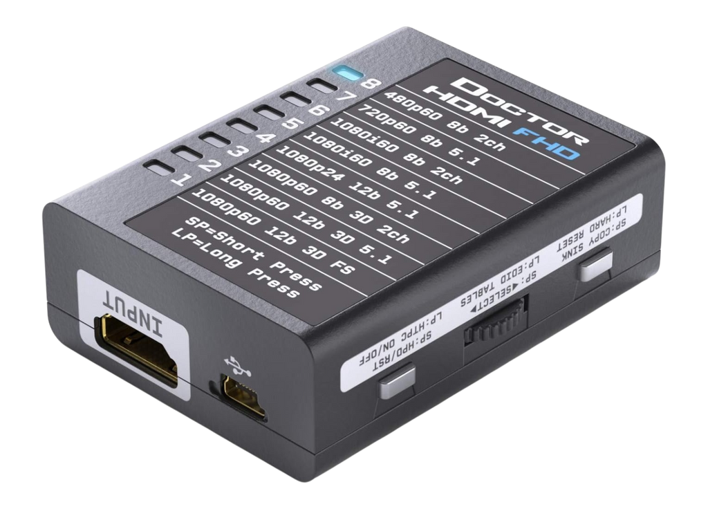 Partea de ieșire a Dr HDMI 4K, cu ieșirea HDMI, mufa RS232 și butoanele copy sink și HPD
