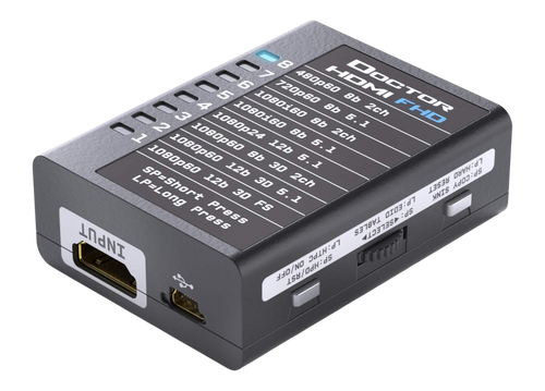 Partea de ieșire a Dr HDMI 4K, cu ieșirea HDMI, mufa RS232 și butoanele copy sink și HPD