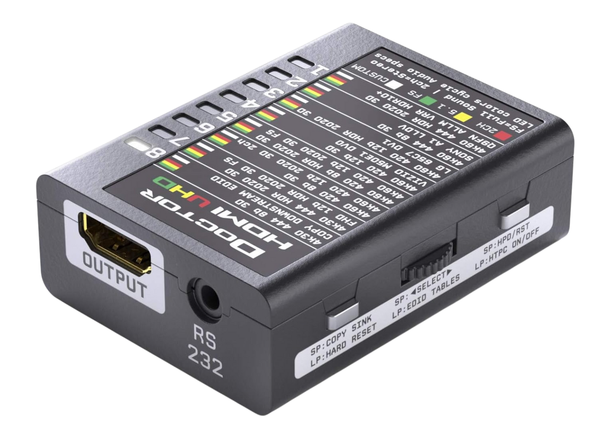 Dr HDMI 4K văzut dinspre ieșire, cu tabelul băncilor EDID UHD imprimat pe capac