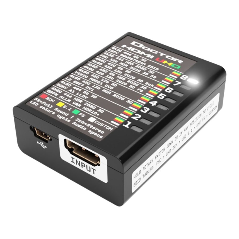 Partea de intrare a Dr HDMI 4K, cu intrarea HDMI, portul mini USB și tabelul EDID UHD deasupra
