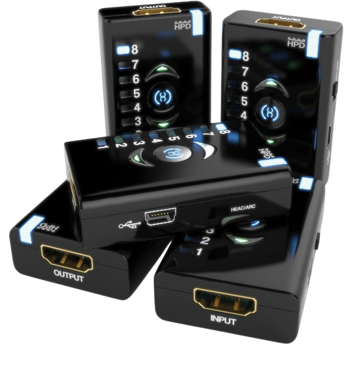 Cinci unități Dr HDMI din unghiuri diferite, cu intrare și ieșire HDMI, port Mini-USB și comutator HEAC/ARC