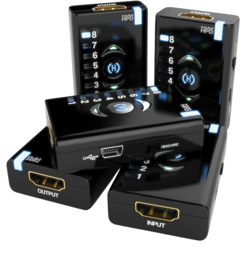 Cinci unități Dr HDMI din unghiuri diferite, cu intrare și ieșire HDMI, port Mini-USB și comutator HEAC/ARC
