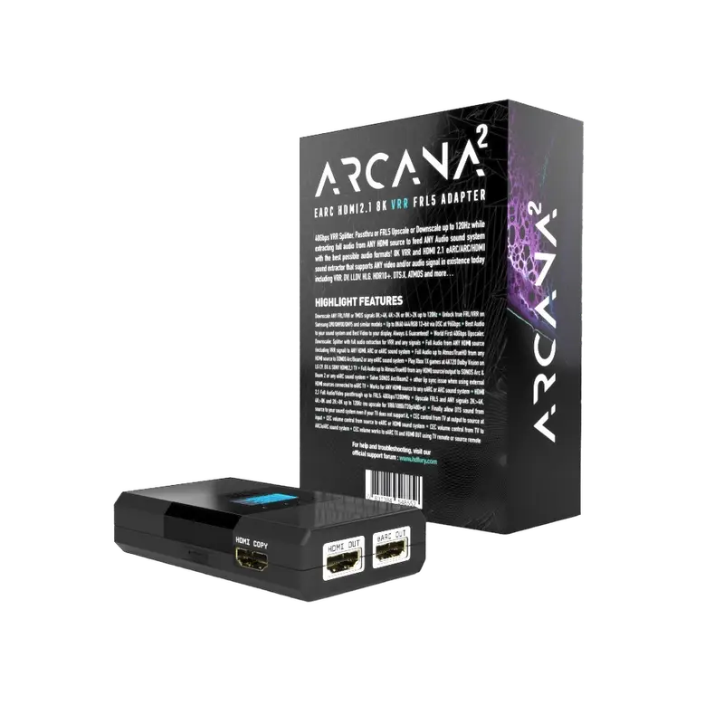Conexiuni pe spate la HDfury Arcana 2: intrare HDMI, 2x ieșire HDMI, ieșire eARC
