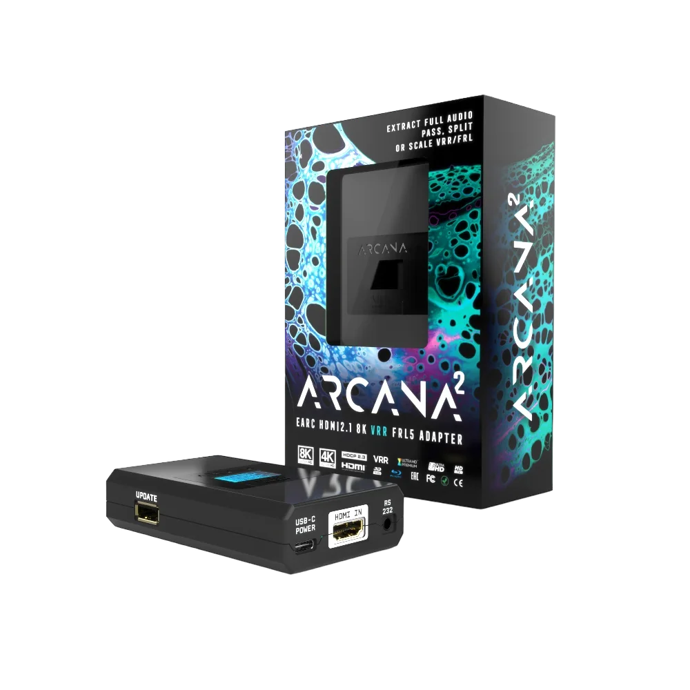 Adaptor eARC 8K HDfury Arcana 2, vedere frontală cu afișaj OLED