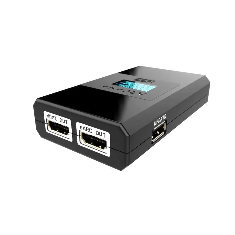 Afișajul OLED al HDfury Arcana 2 cu informații despre semnalul 4K120 VRR