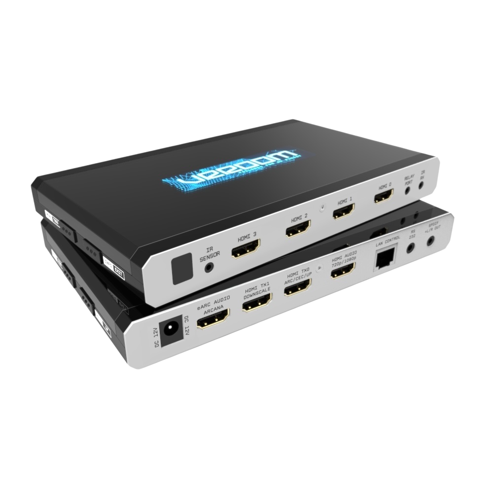 HDfury VRROOM: matrice HDMI 2.1 8K, scaler și extractor audio eARC, vedere frontală cu afișaj OLED
