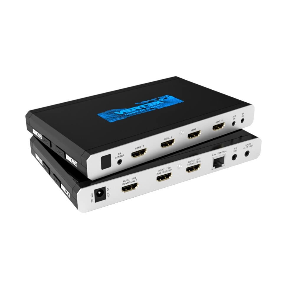 HDfury Vertex 2 4x2 HDMI matrix shown twice, stacked: the four HDMI inputs above, and below the TX0 and TX1 scaler outputs, audio extractor output, LAN, RS232 and S/PDIF