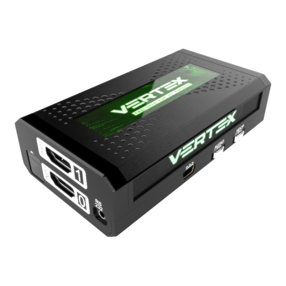HDfury Vertex, matrice HDMI 2x2 4K 18Gbps și scaler cu OLED, intrări HDMI, RS232, mini USB, comutatoare AUDIO și HDCP