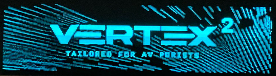 The 3.12 inch blue OLED display of the HDfury Vertex 2 showing the Vertex 2 startup logo and the line Tailored for AV purists
