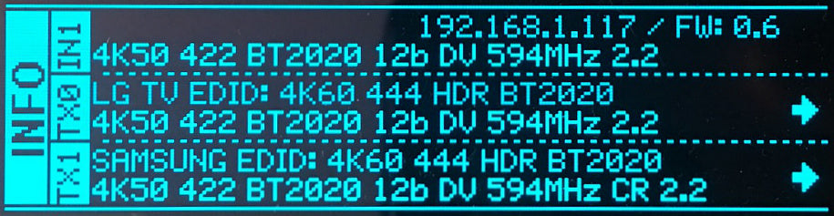 HDfury Vertex 2 OLED info screen showing IP address 192.168.1.117, firmware 0.6, the incoming 4K50 4:2:2 12-bit Dolby Vision signal and what the scaler sends to the LG and Samsung displays on TX0 and TX1