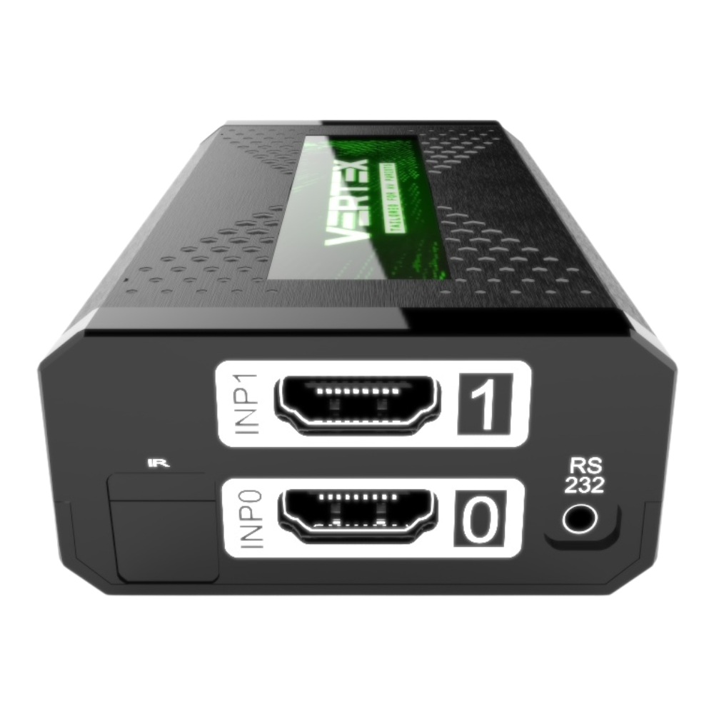 Partea de intrări a HDfury Vertex: intrări HDMI INP0 și INP1, receptor IR și port RS232