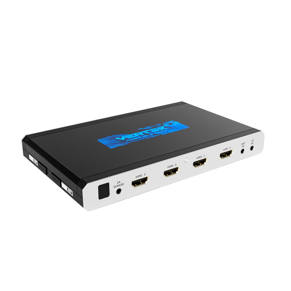 HDfury Vertex 2 4x2 HDMI matrix, splitter and scaler on a white background, showing the four 18Gbps HDMI inputs and the blue Vertex 2 logo on the lid