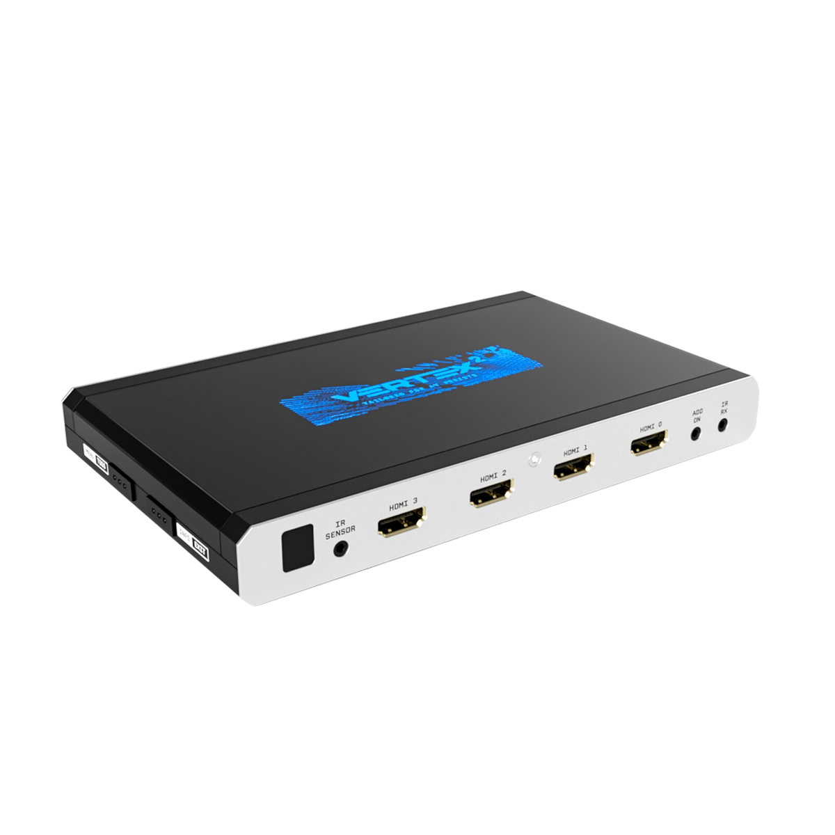HDfury Vertex 2 4x2 HDMI matrix, splitter and scaler on a white background, showing the four 18Gbps HDMI inputs and the blue Vertex 2 logo on the lid
