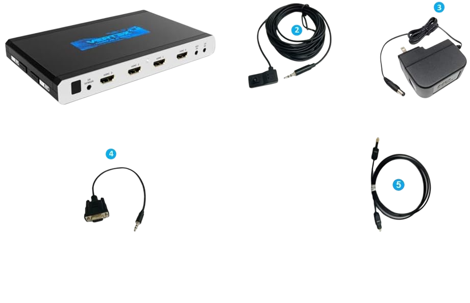 What is in the box with the HDfury Vertex 2: the unit, IR receiver cable, 12V power supply, RS232 cable and optical cable