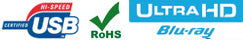 USB Certified Hi-Speed, RoHS and Ultra HD Blu-ray logos