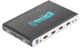 HDfury Vertex 2 HDMI matrix and switcher seen from above at an angle, input side: IR sensor, four HDMI inputs numbered 0 to 3, add-on and IR RX jacks