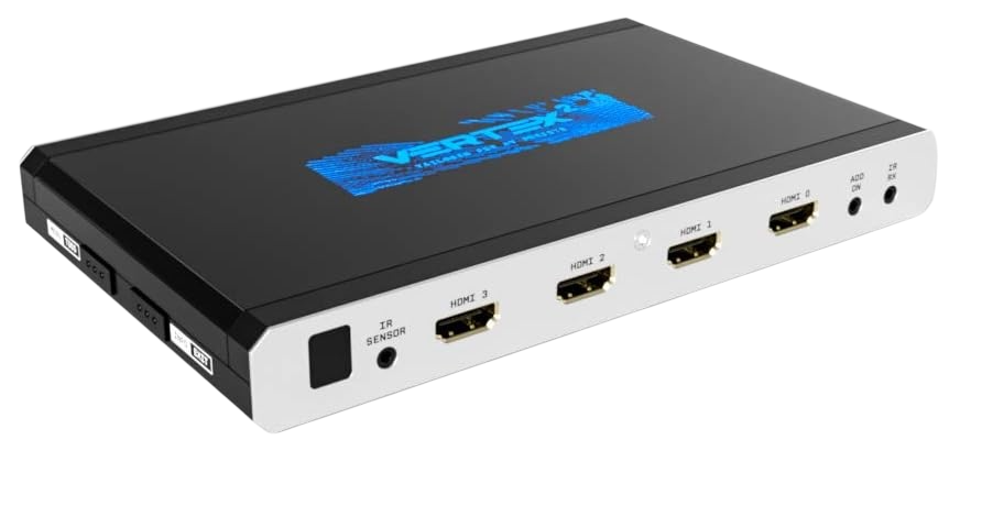 HDfury Vertex 2 HDMI switcher at an angle on a white background, with the IR sensor and the four HDMI inputs along the front edge