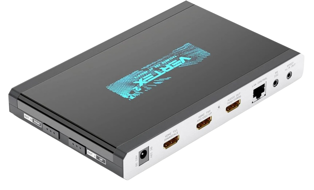HDfury Vertex 2 output side: 12V DC, HDMI TX1 downscale, HDMI TX0 with ARC, CEC and upscale, the 720p/1080p audio extractor output, LAN control, RS232 and S/PDIF with L/R out