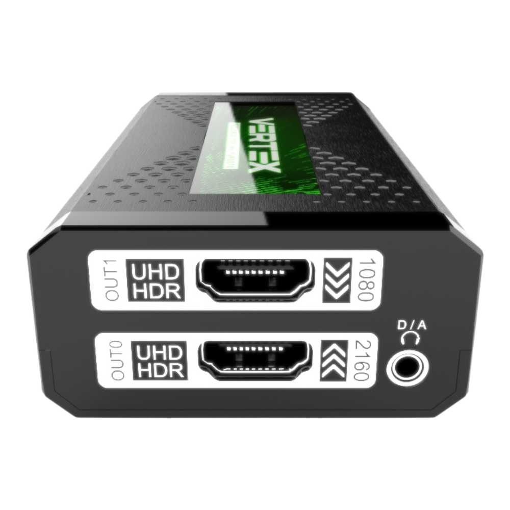 Ieșirile HDfury Vertex: OUT1 UHD HDR cu downscale la 1080p, OUT0 UHD HDR cu upscale la 2160p și mufă audio D/A