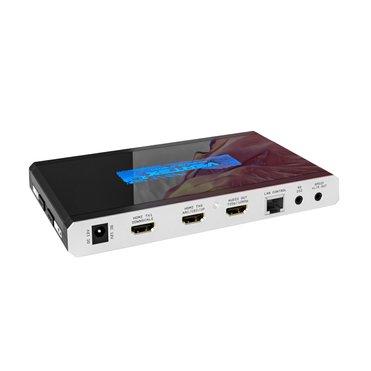 Close-up of the HDfury Vertex 2 outputs: 12V DC, HDMI TX1 downscale, HDMI TX0 with ARC, CEC and upscale, the dedicated HDMI audio extractor output, LAN control, RS232 and optical S/PDIF