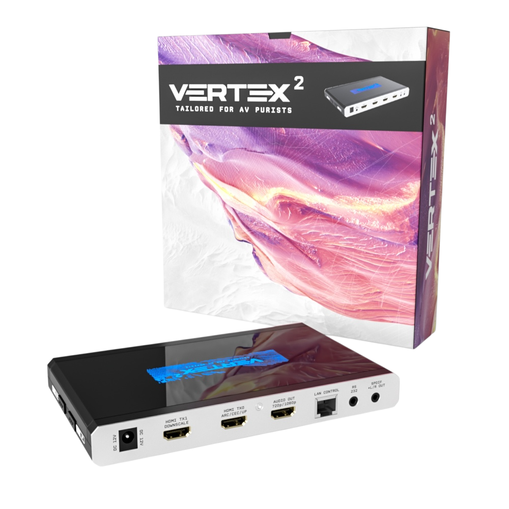 HDfury Vertex 2 retail box next to the unit, with the scaler outputs TX0 and TX1 and the audio output in view