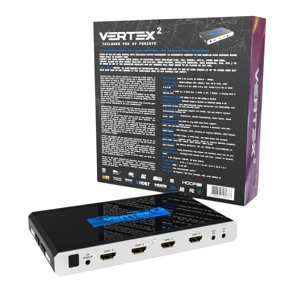 Back of the HDfury Vertex 2 retail box with the full specification text, next to the unit showing its four HDMI matrix inputs