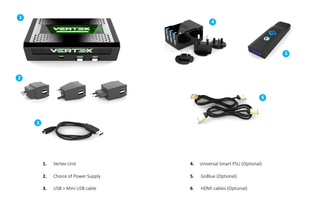 Cutia HDfury Vertex: Vertex, sursă de alimentare, cablu USB la mini USB; opțional smart PSU, GoBlue, cabluri HDMI